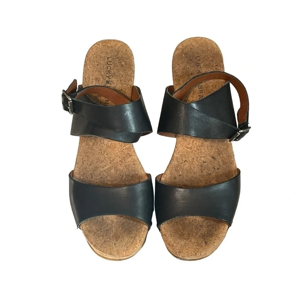 Lucky Brand Moran Cork Wedge Sandals Black Leather Studded Platform Size 8.5